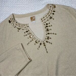 JM Collection Notched Crew Neckline Gold Metallic Embellished Sweater Size XL